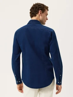 Online Slim Fit Structured Cotton Denim Shirt With Newport Collar Camisas Casuais