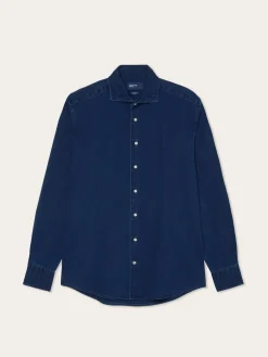 Online Slim Fit Structured Cotton Denim Shirt With Newport Collar Camisas Casuais