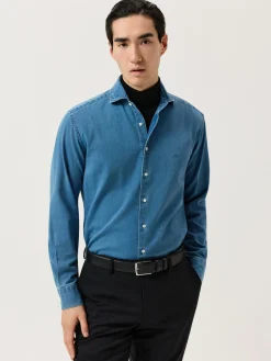 Online Slim Fit Structured Cotton Denim Shirt With Newport Collar Camisas Casuais