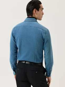 Online Slim Fit Structured Cotton Denim Shirt With Newport Collar Camisas Casuais