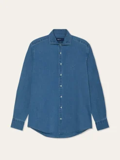 Online Slim Fit Structured Cotton Denim Shirt With Newport Collar Camisas Casuais